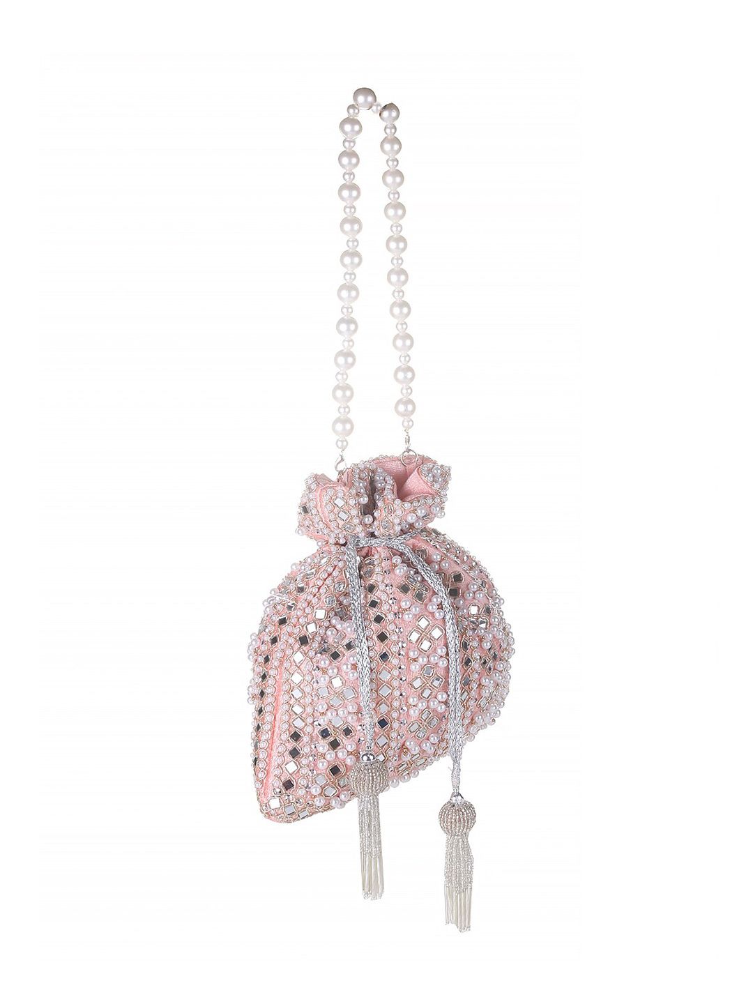 Peach Blush Mirror Embellished Potli Bag – Soft Radiance (9 x 8.5 in)