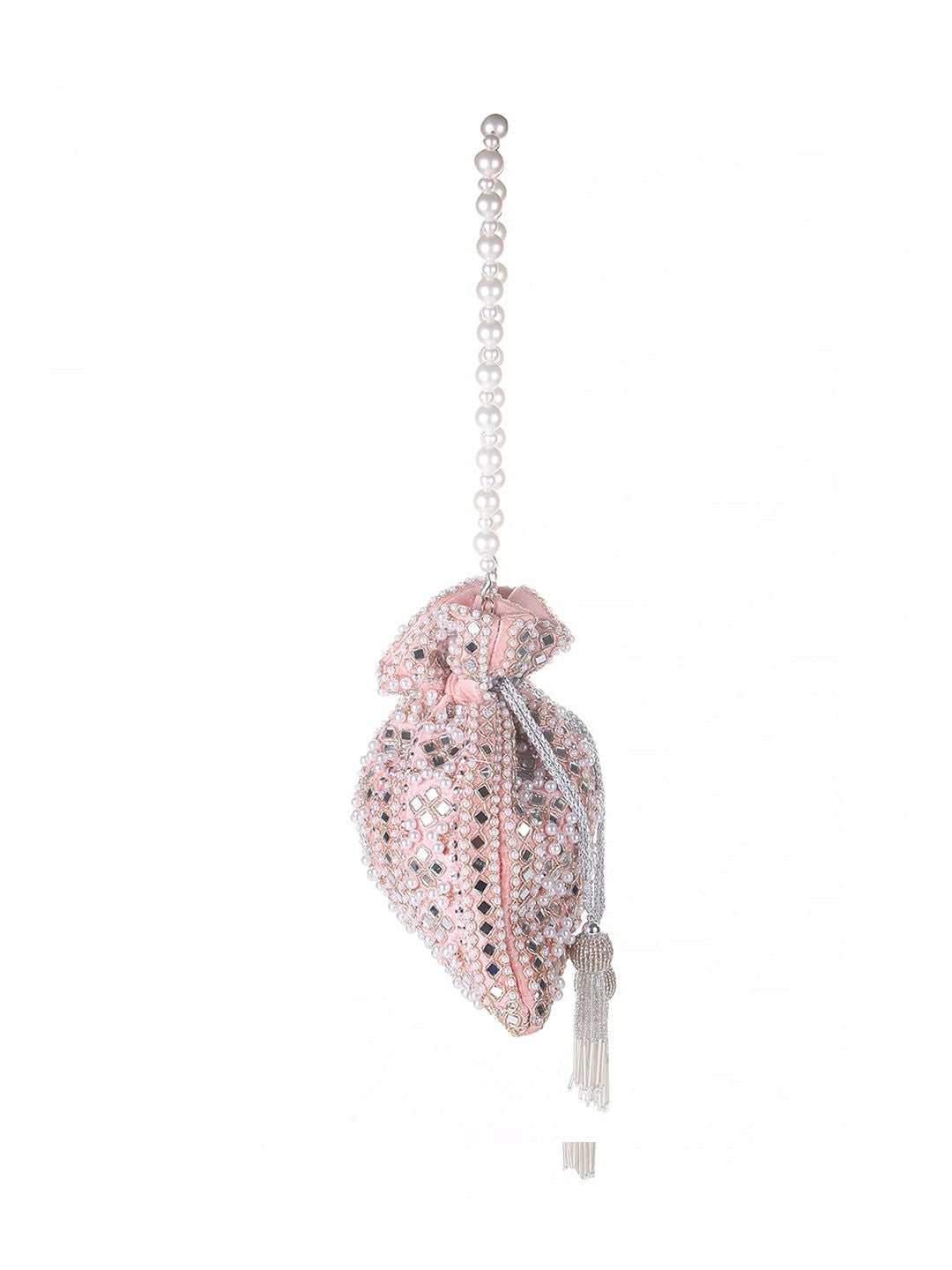 Peach Blush Mirror Embellished Potli Bag – Soft Radiance (9 x 8.5 in)
