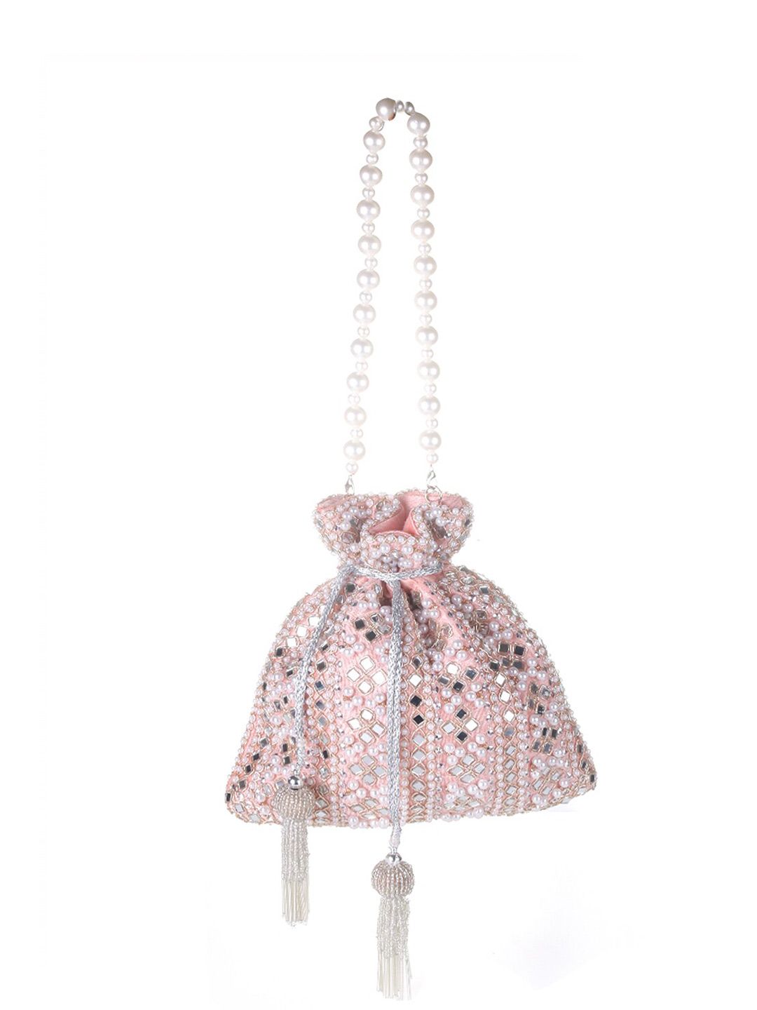 Peach Blush Mirror Embellished Potli Bag – Soft Radiance (9 x 8.5 in)