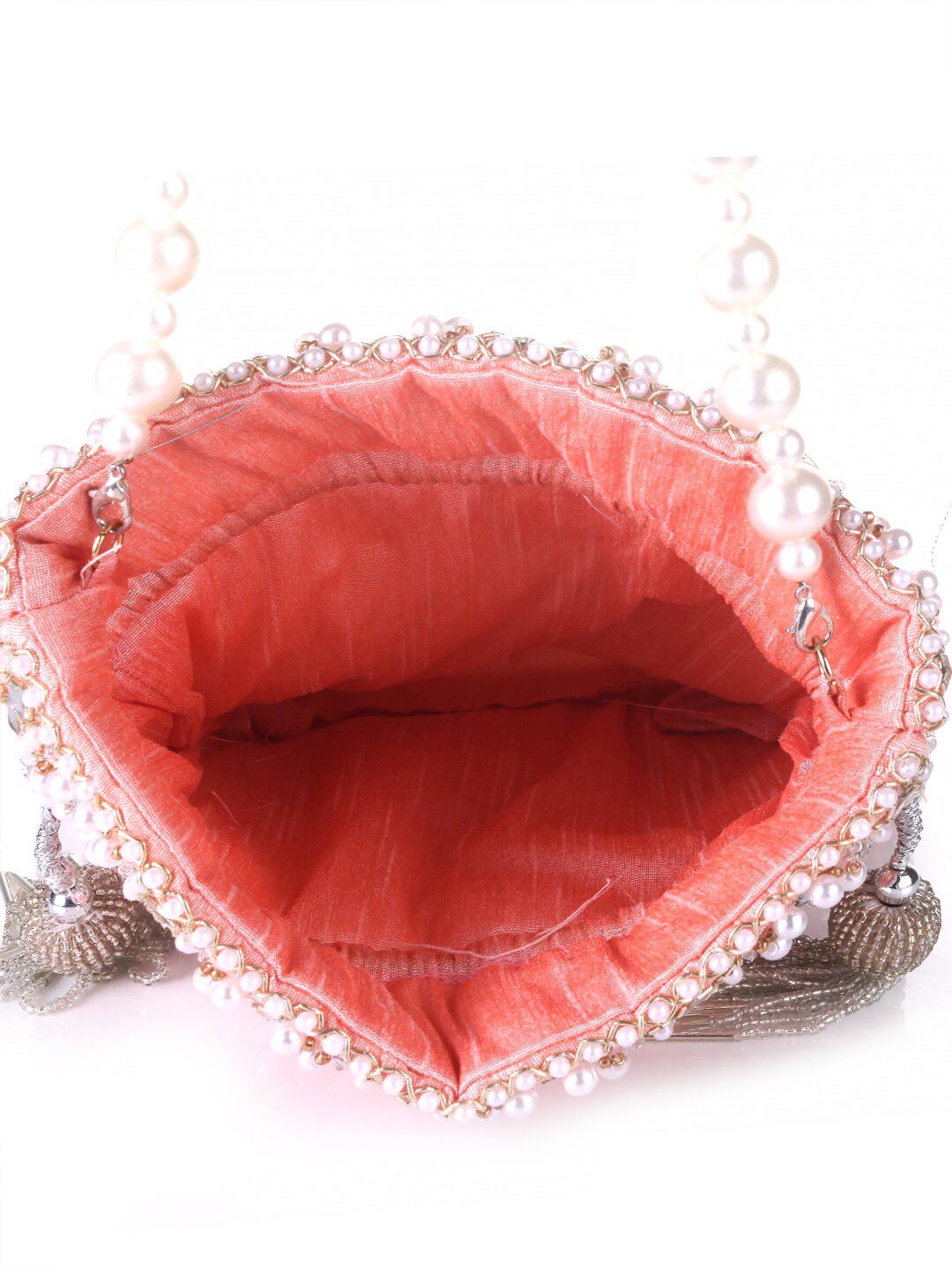 Peach Blush Mirror Embellished Potli Bag – Soft Radiance (9 x 8.5 in)