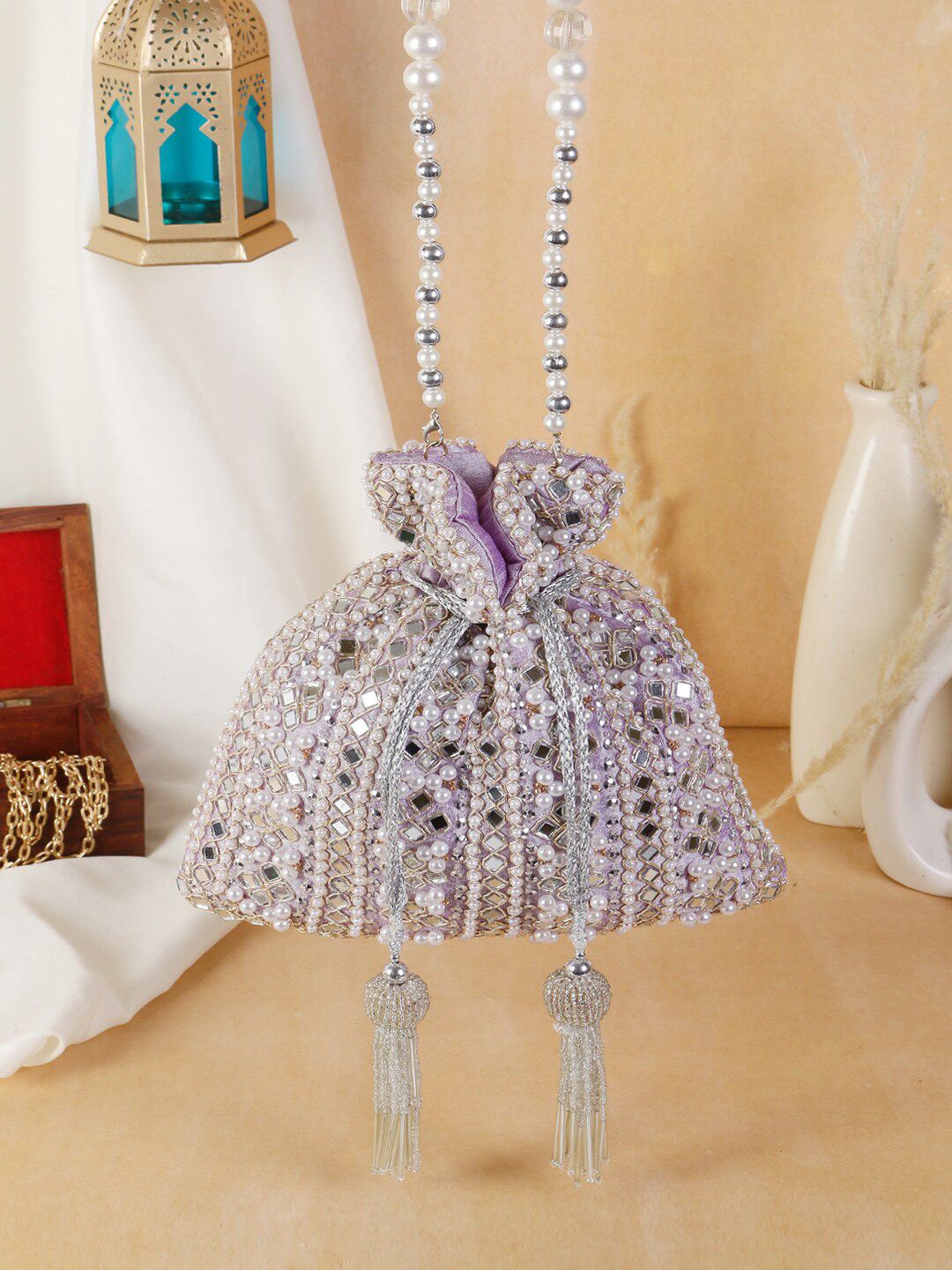 Lilac Frost Mirror Embellished Potli Bag – Lavender Luxe (9 x 8.5 in)