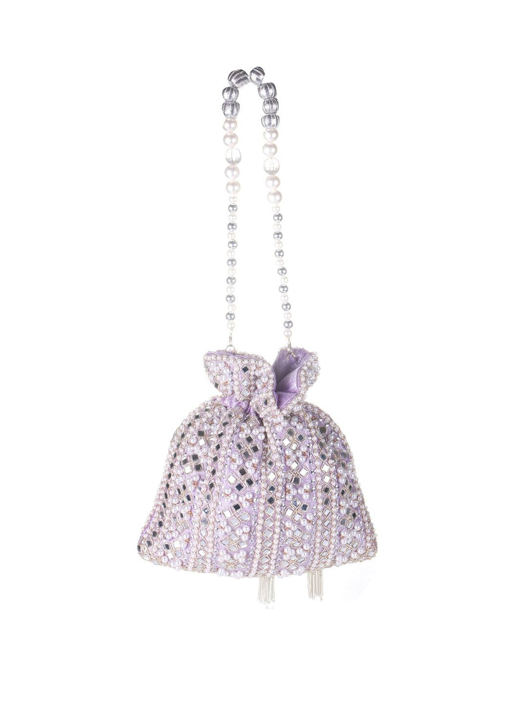 Lilac Frost Mirror Embellished Potli Bag – Lavender Luxe (9 x 8.5 in)