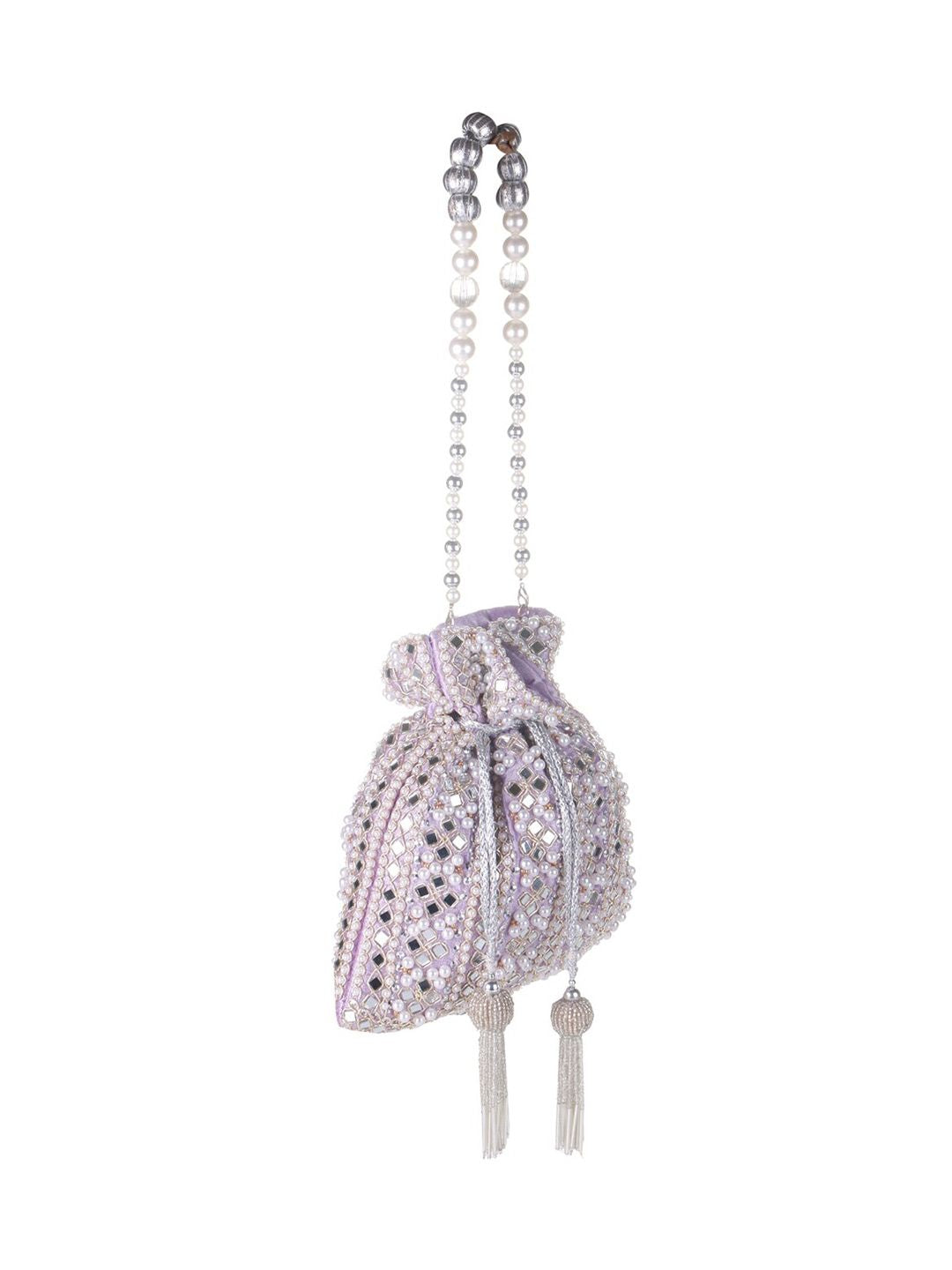 Lilac Frost Mirror Embellished Potli Bag – Lavender Luxe (9 x 8.5 in)