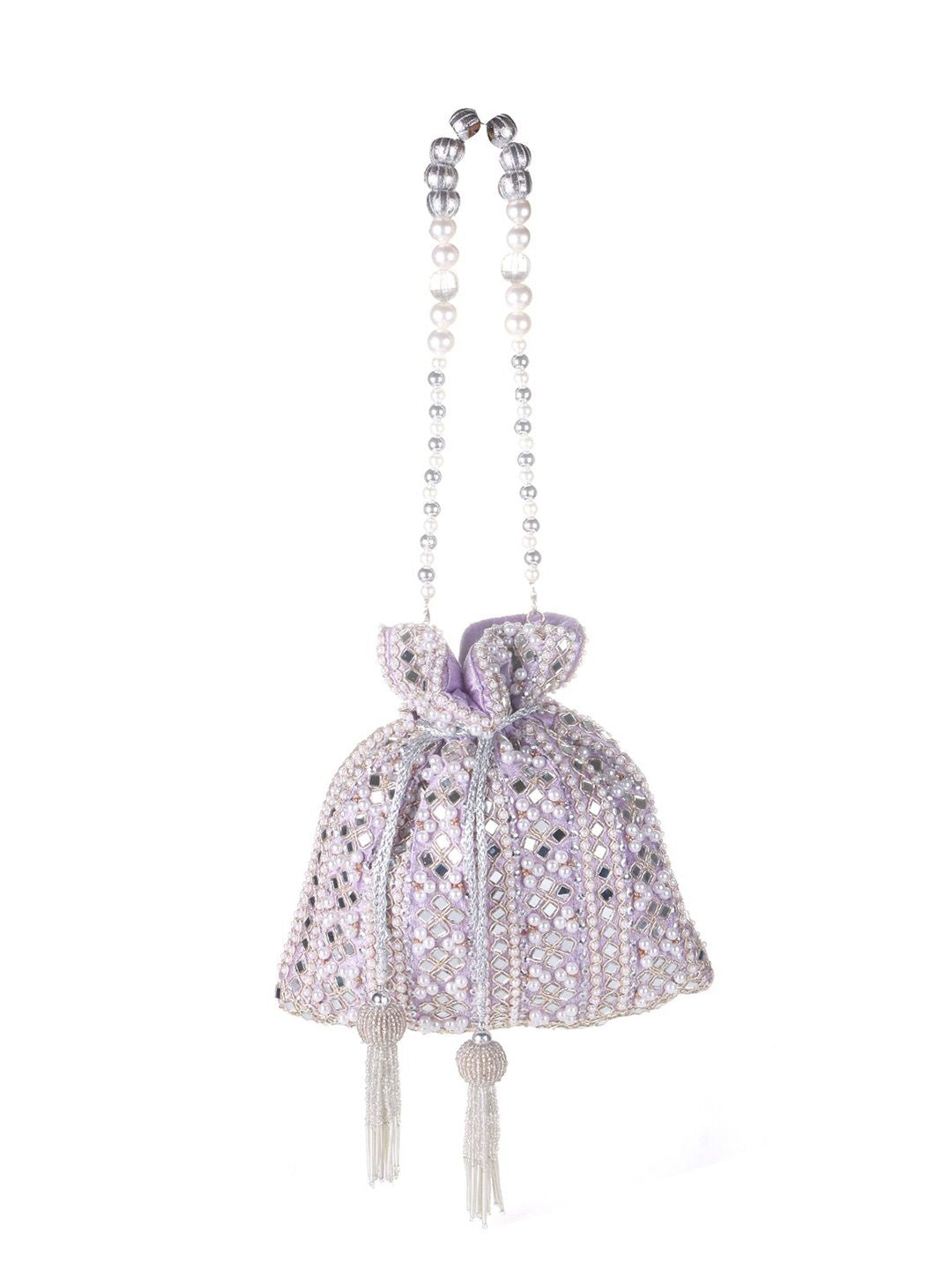Lilac Frost Mirror Embellished Potli Bag – Lavender Luxe (9 x 8.5 in)