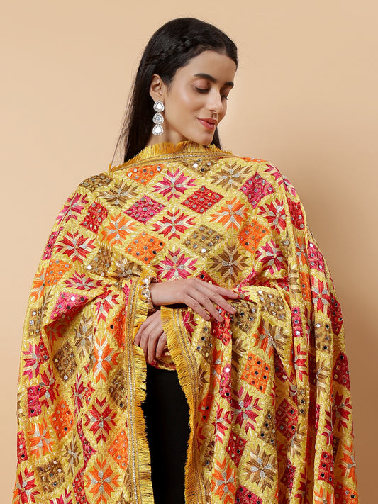 Yellow Geometric Design Phulkari Dupatta with Mirror Work | MCMMPD0319