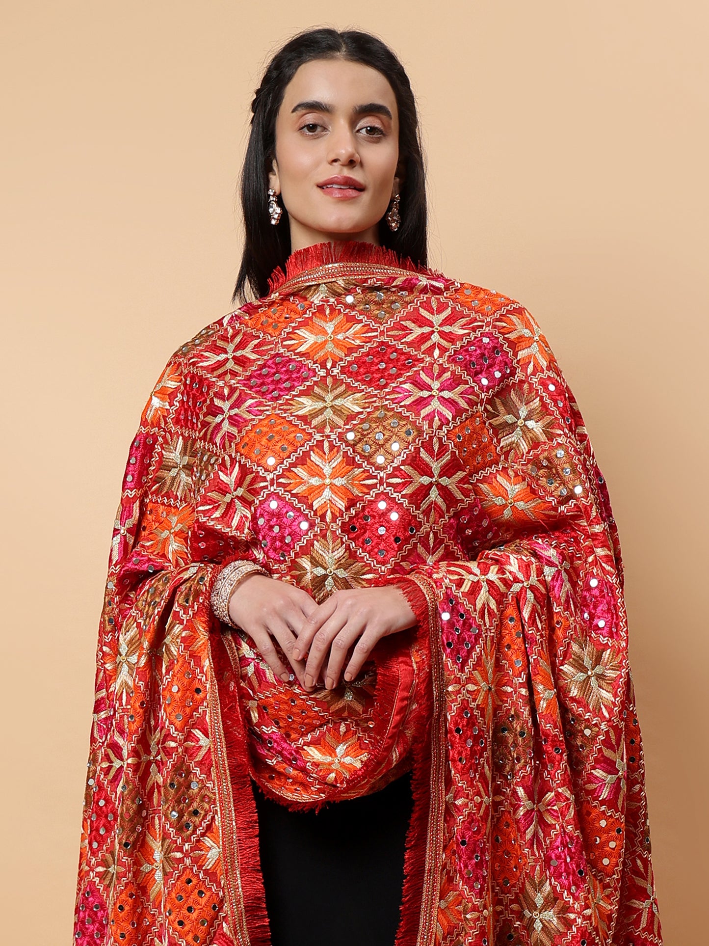 Red Geometric Design Phulkari Dupatta with Mirror Work | MCMMPD0313