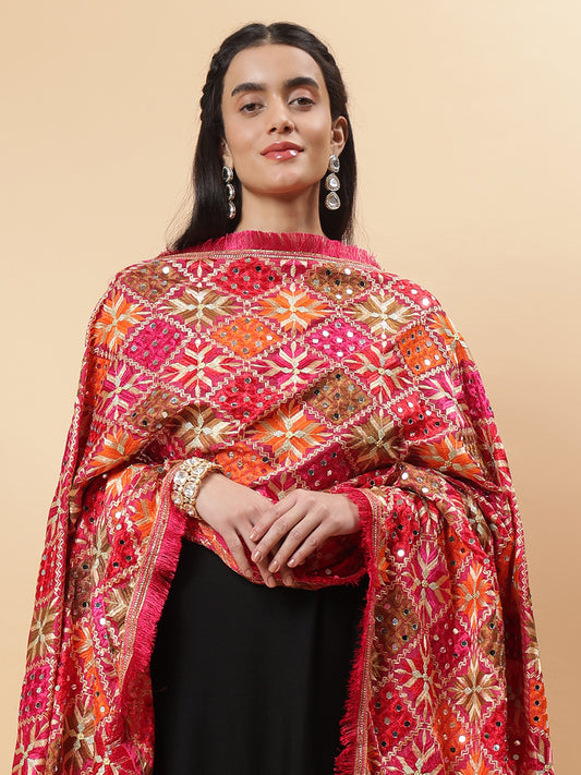 Magenta Geometric Design Phulkari Dupatta with Mirror Work | MCMMPD0315