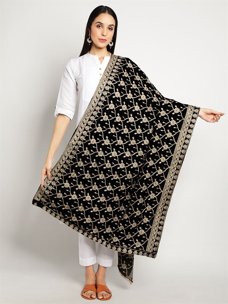 Black Zari Work Velvet Shawl