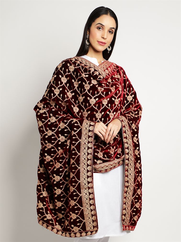 Maroon Zari Work Velvet Shawl