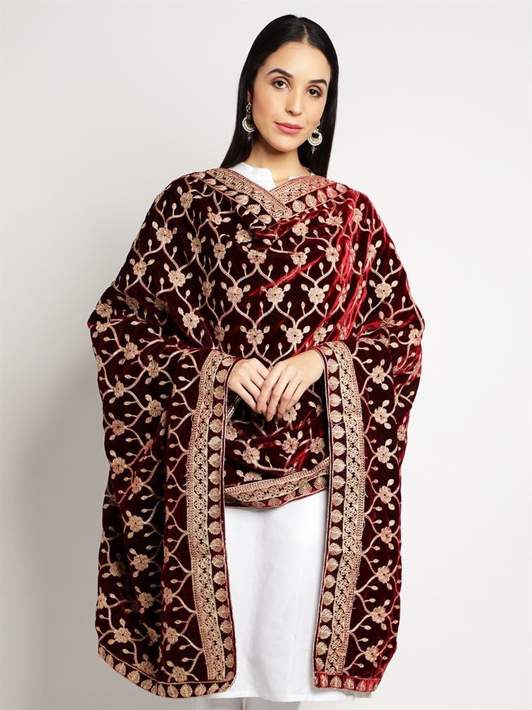 Maroon Zari Work Velvet Shawl