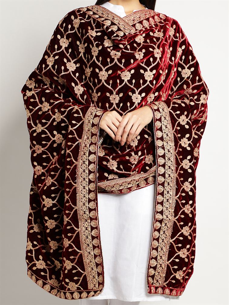 Maroon Zari Work Velvet Shawl