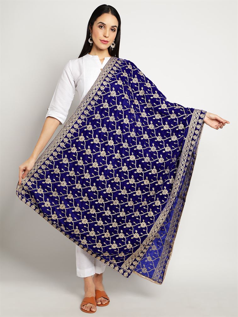 Royal Blue Zari Work Velvet Shawl