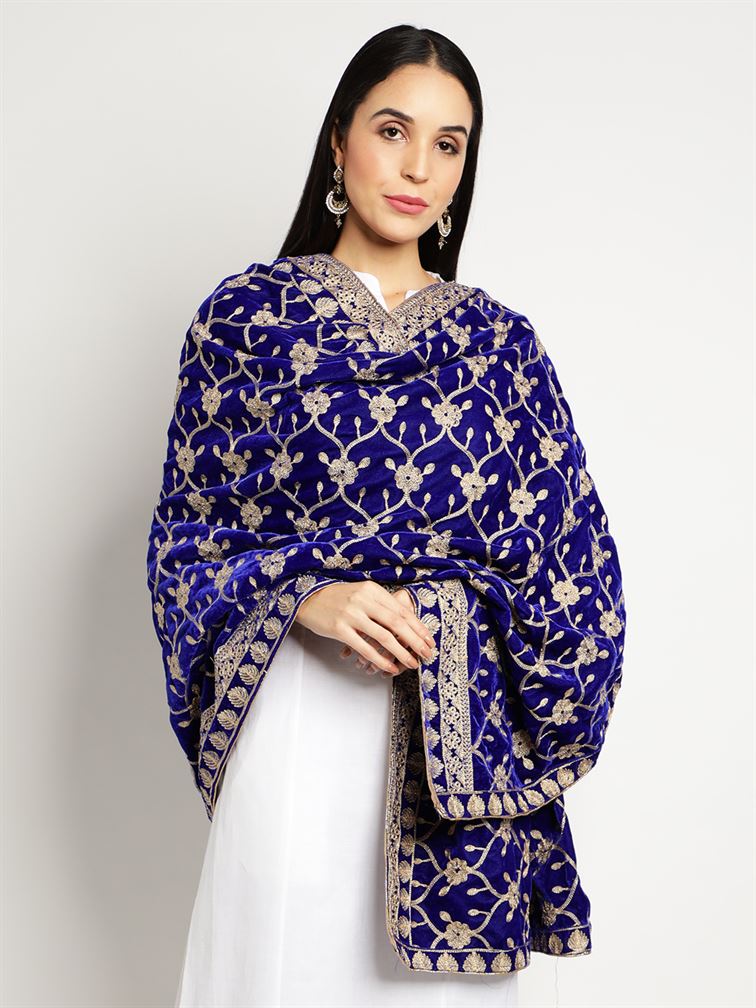 Royal Blue Zari Work Velvet Shawl