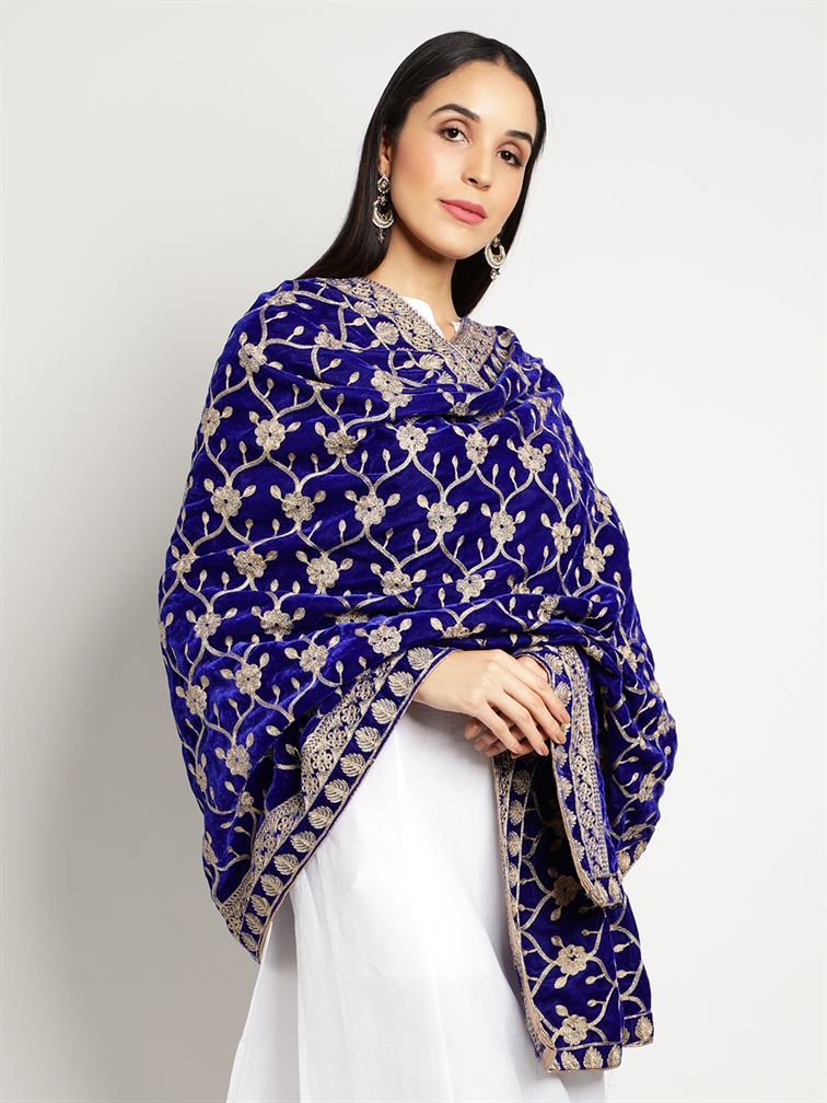 Royal Blue Zari Work Velvet Shawl