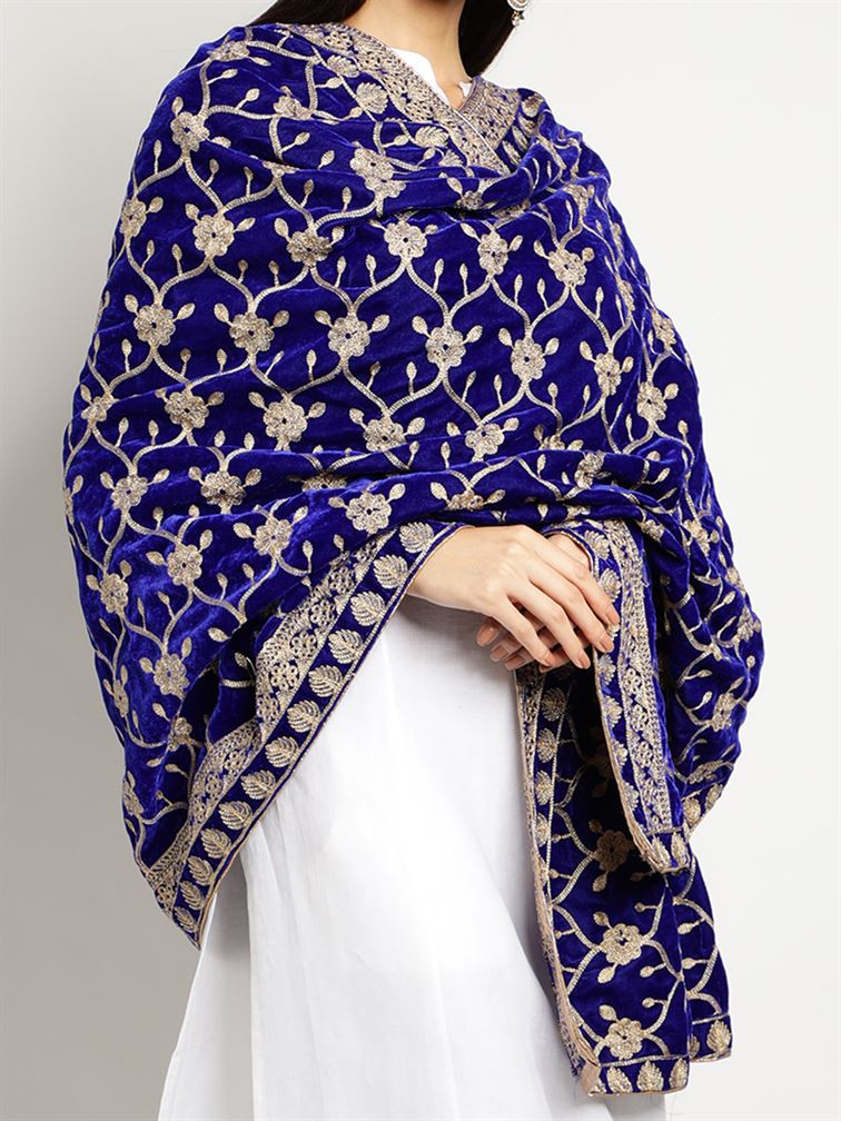 Royal Blue Zari Work Velvet Shawl