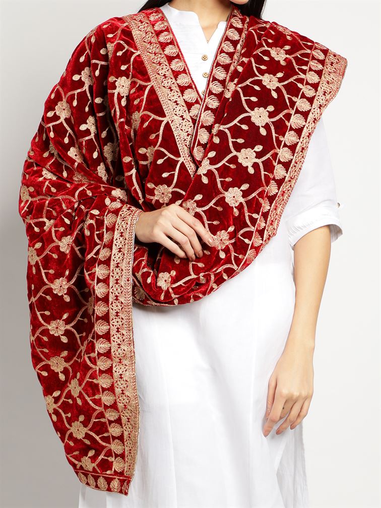 Red Zari Work Velvet Shawl