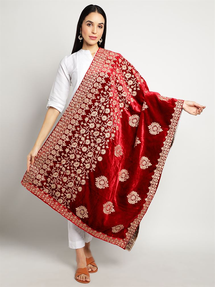 Red Zari Work Velvet Shawl