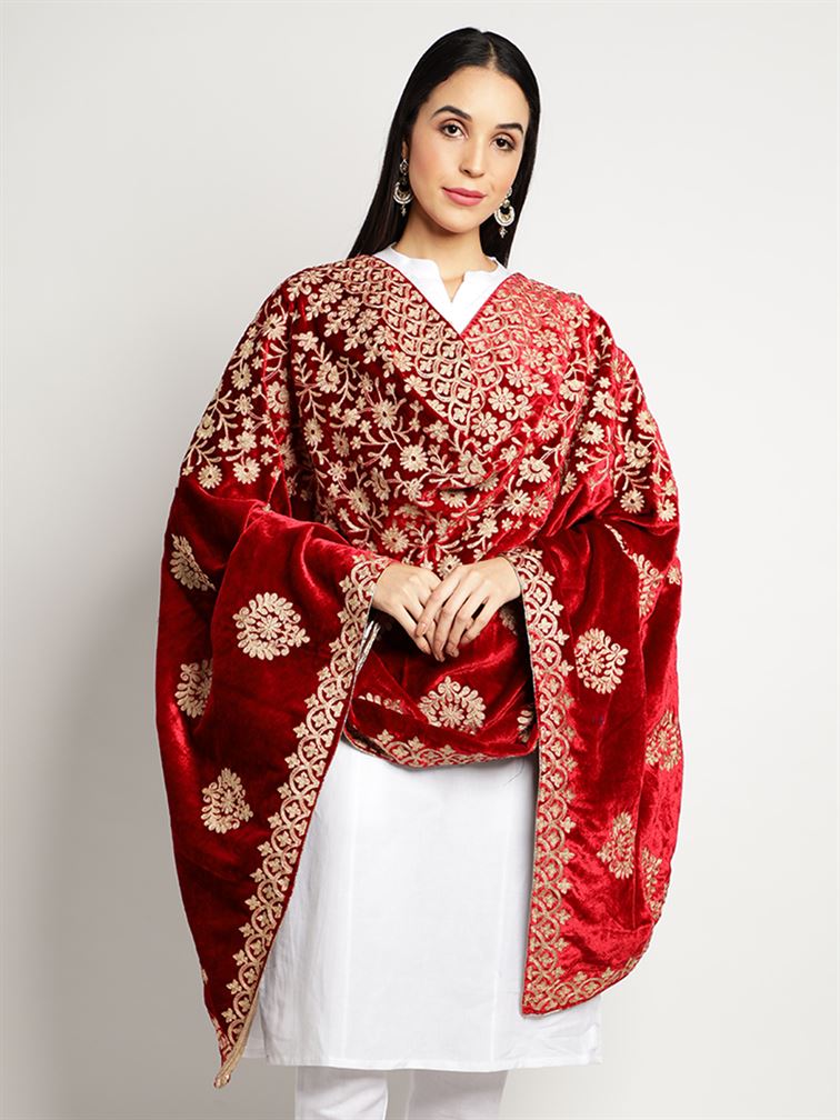 Red Zari Work Velvet Shawl