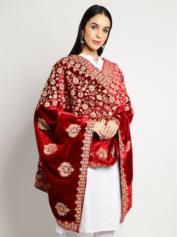 Red Zari Work Velvet Shawl