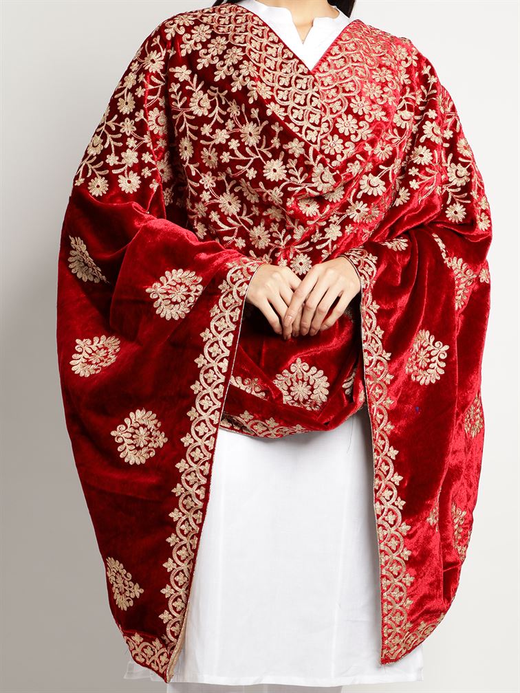 Red Zari Work Velvet Shawl