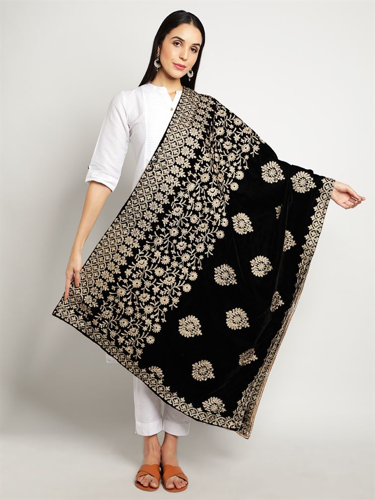 Black Zari Work Velvet Shawl