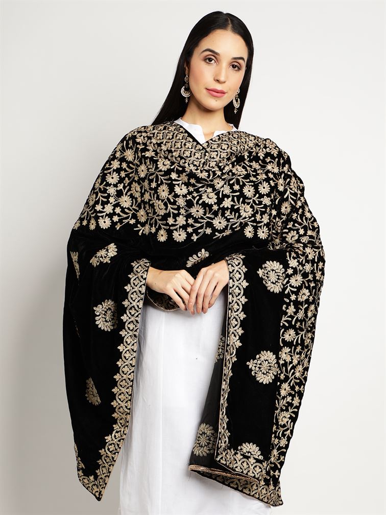 Black Zari Work Velvet Shawl