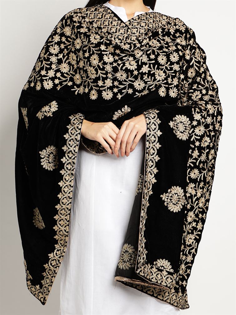 Black Zari Work Velvet Shawl