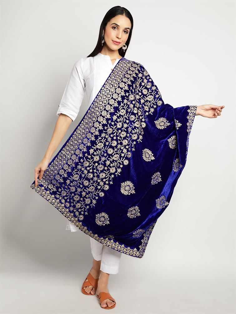 Royal Blue Zari Work Velvet Shawl