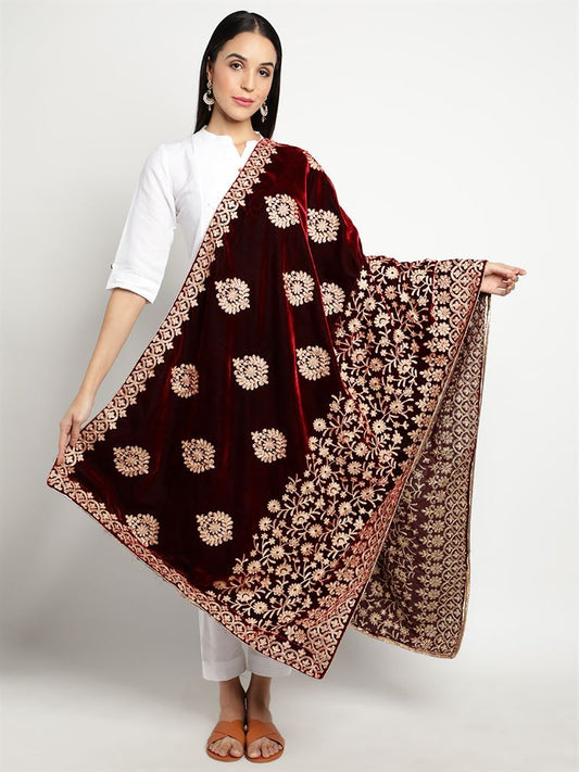 Maroon Zari Work Velvet Shawl