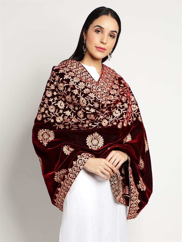 Maroon Zari Work Velvet Shawl