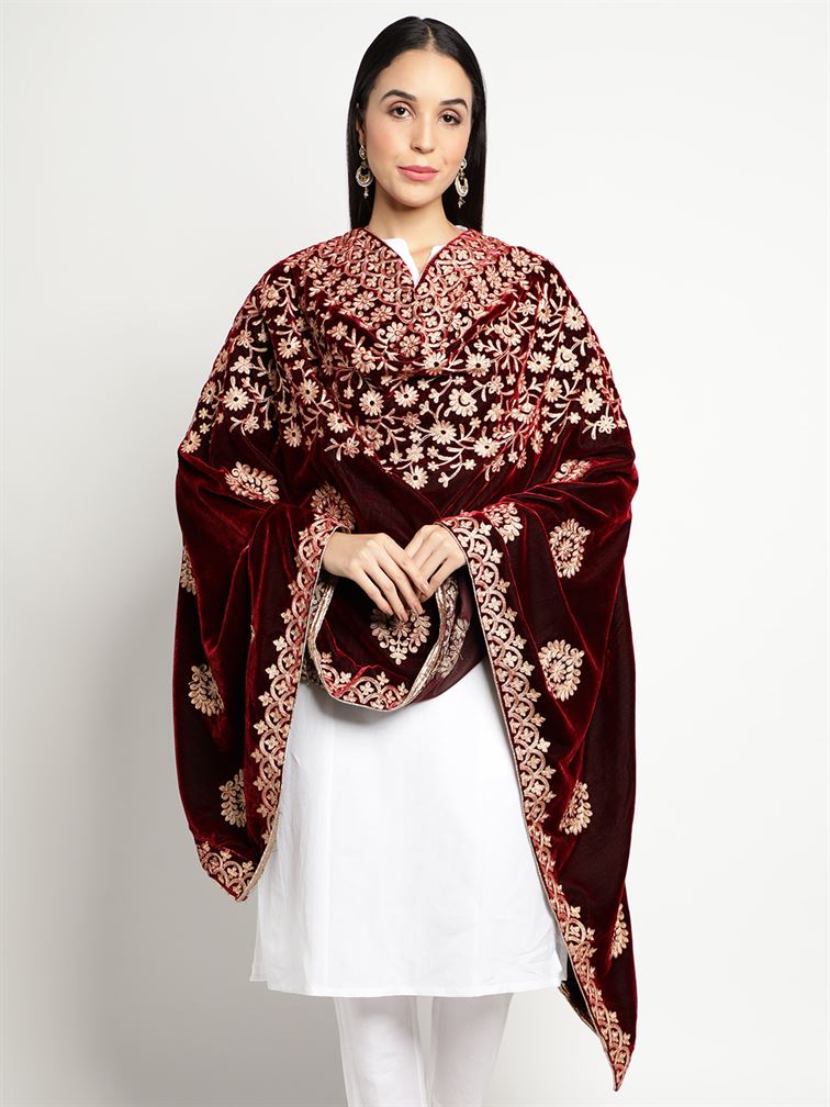 Maroon Zari Work Velvet Shawl