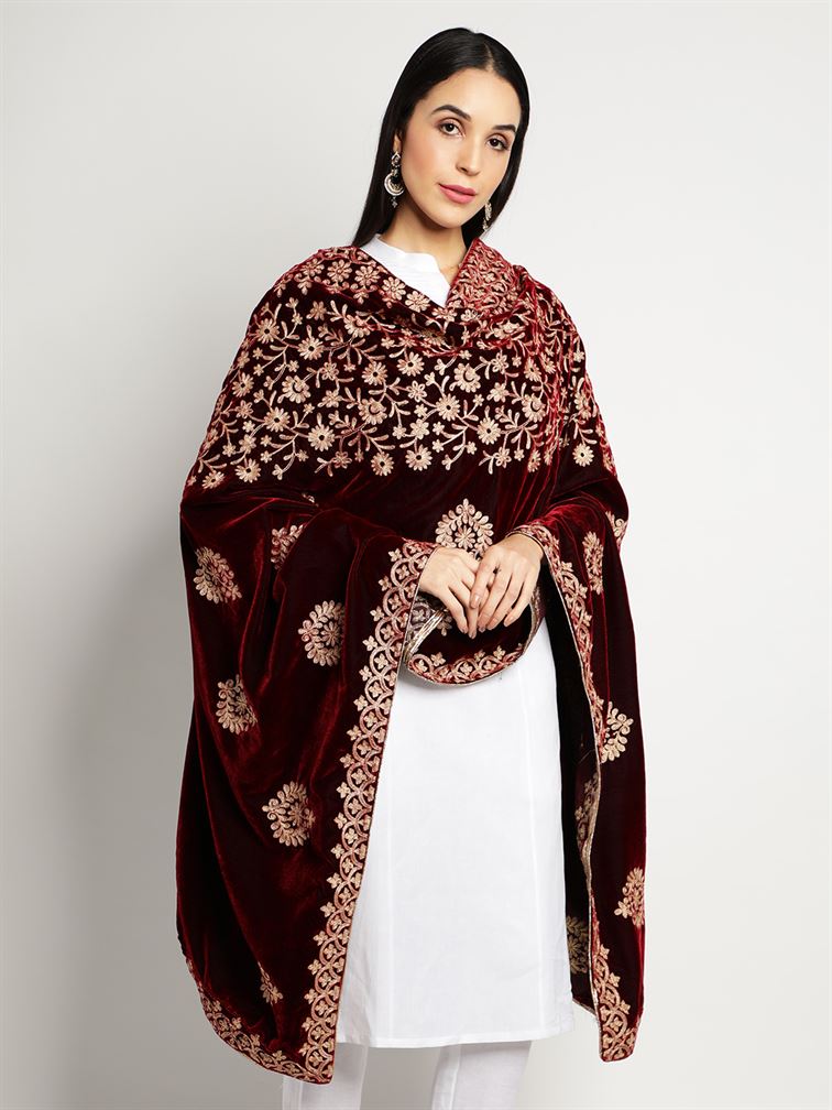 Maroon Zari Work Velvet Shawl