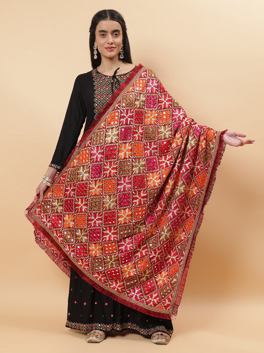 Maroon Geometric Design Phulkari Dupatta with Mirror Work | MCMMPD0314