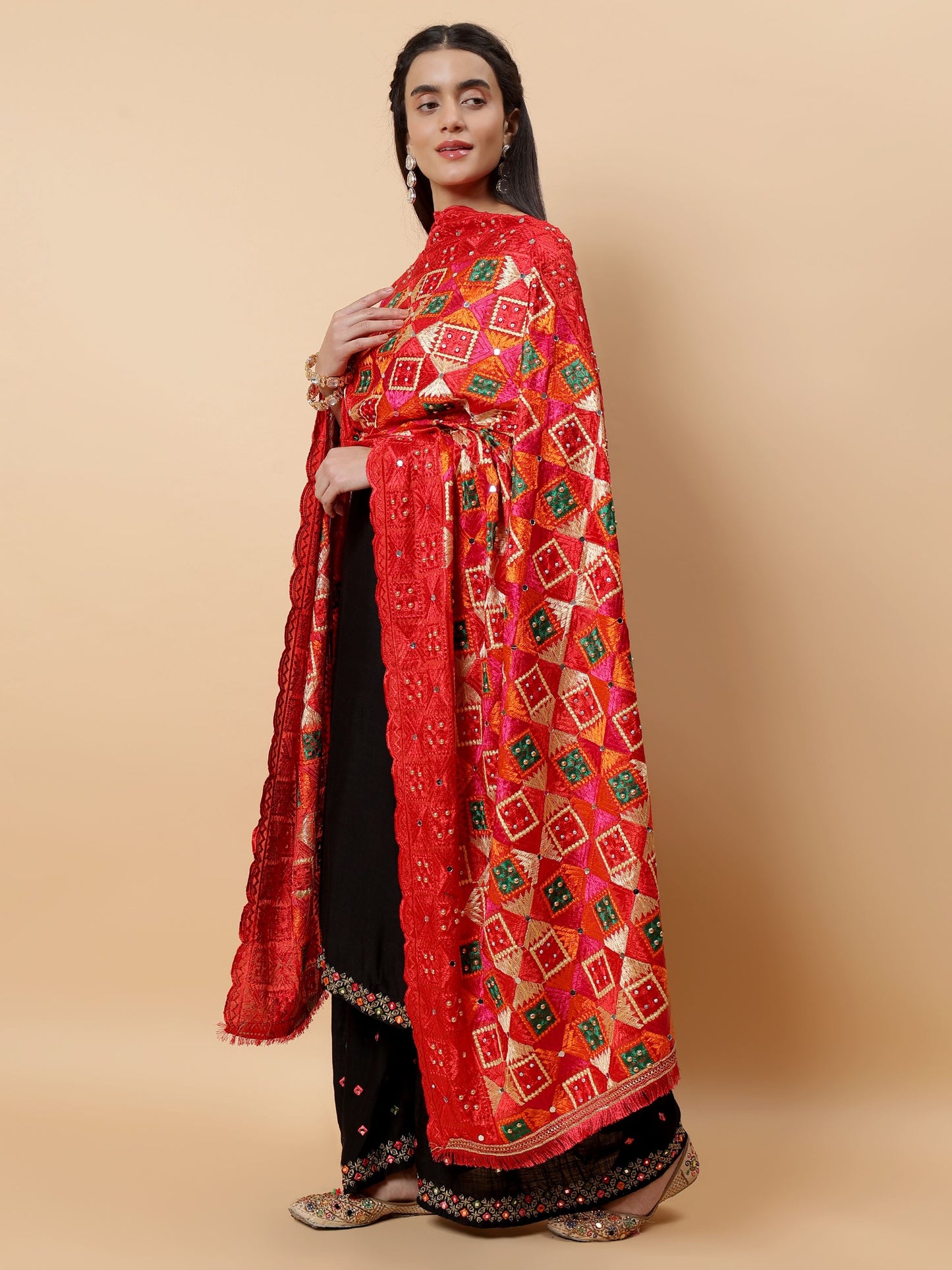 Red Multicolor Phulkari Dupattawith Mirror Work | MCMMPD0283