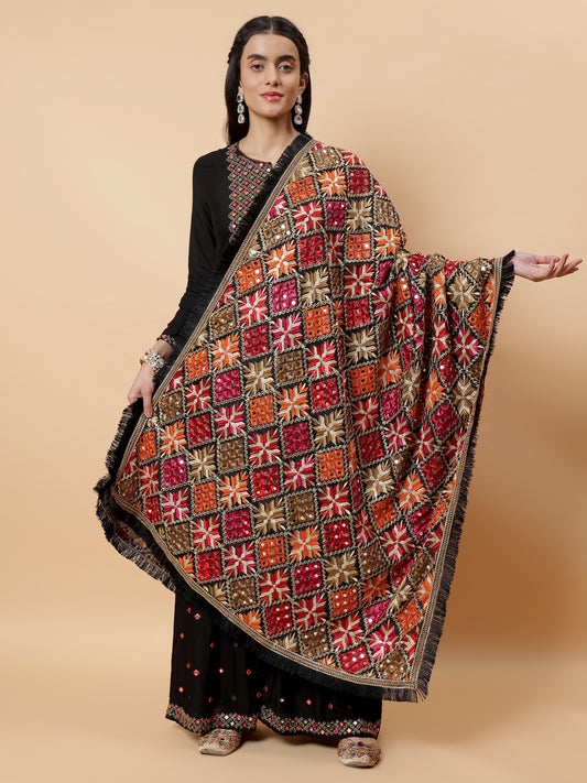 Black Geometric Design Phulkari Dupatta with Mirror Work | MCMMPD0311