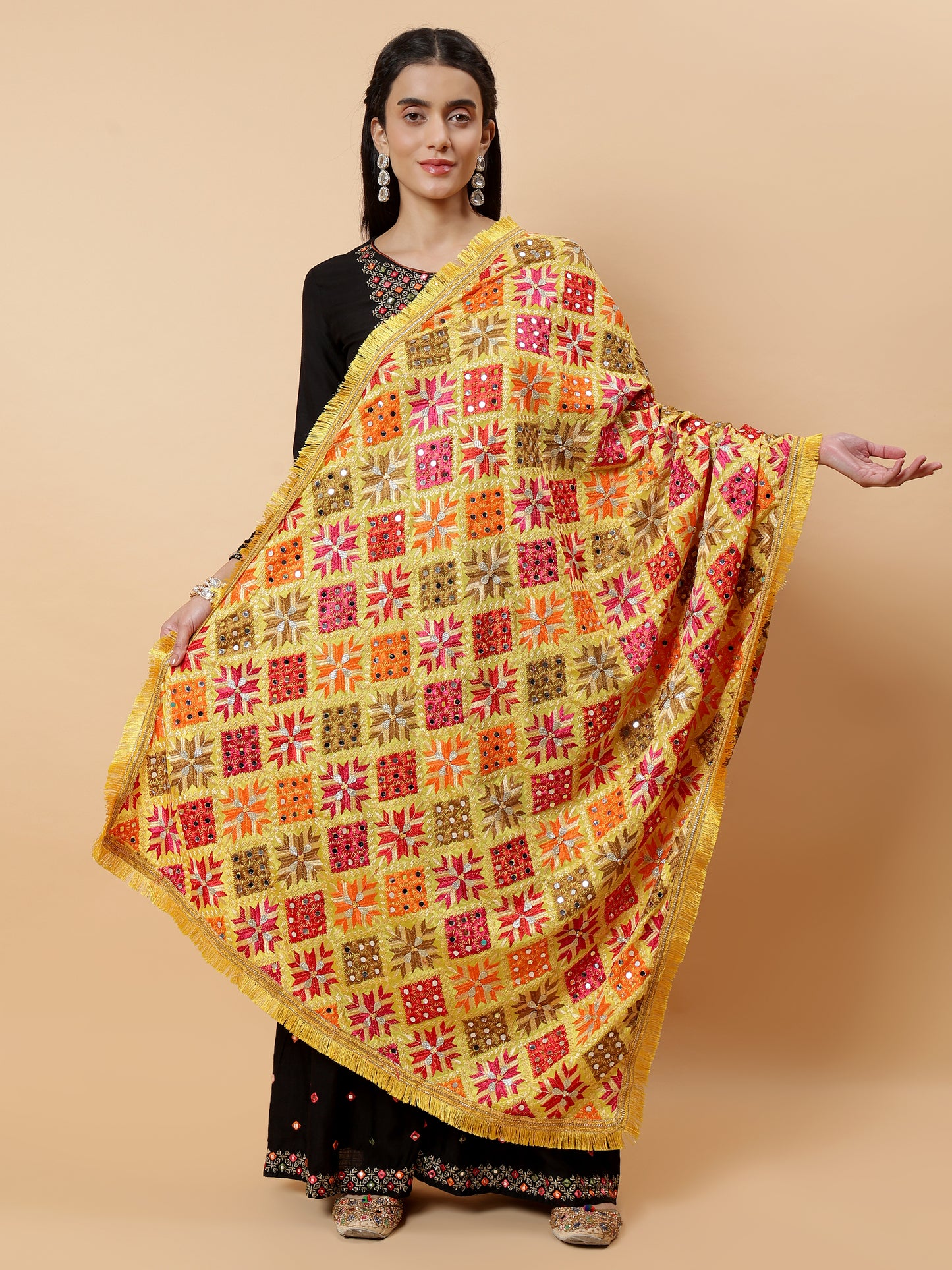 Yellow Geometric Design Phulkari Dupatta with Mirror Work | MCMMPD0319