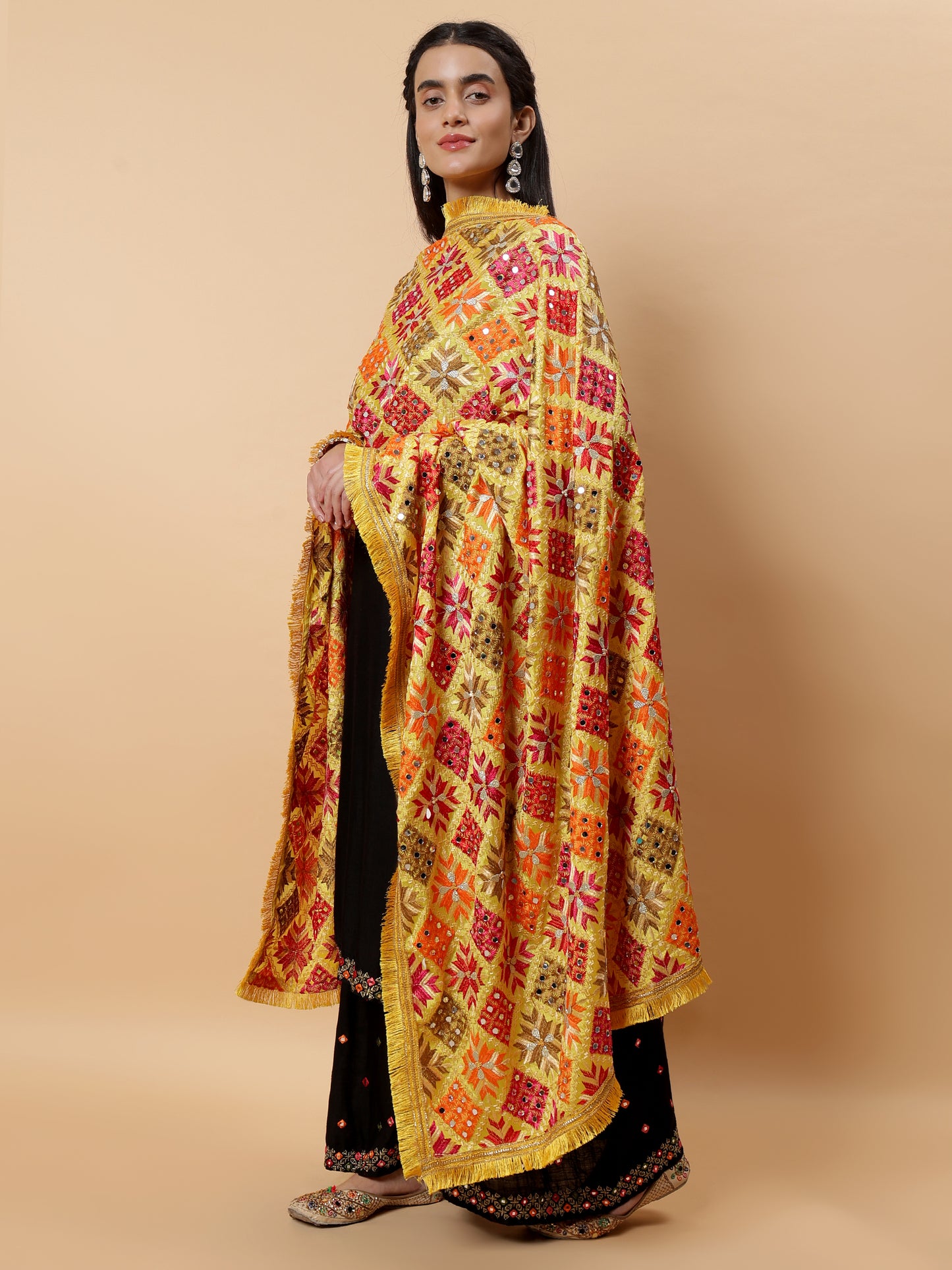 Yellow Geometric Design Phulkari Dupatta with Mirror Work | MCMMPD0319