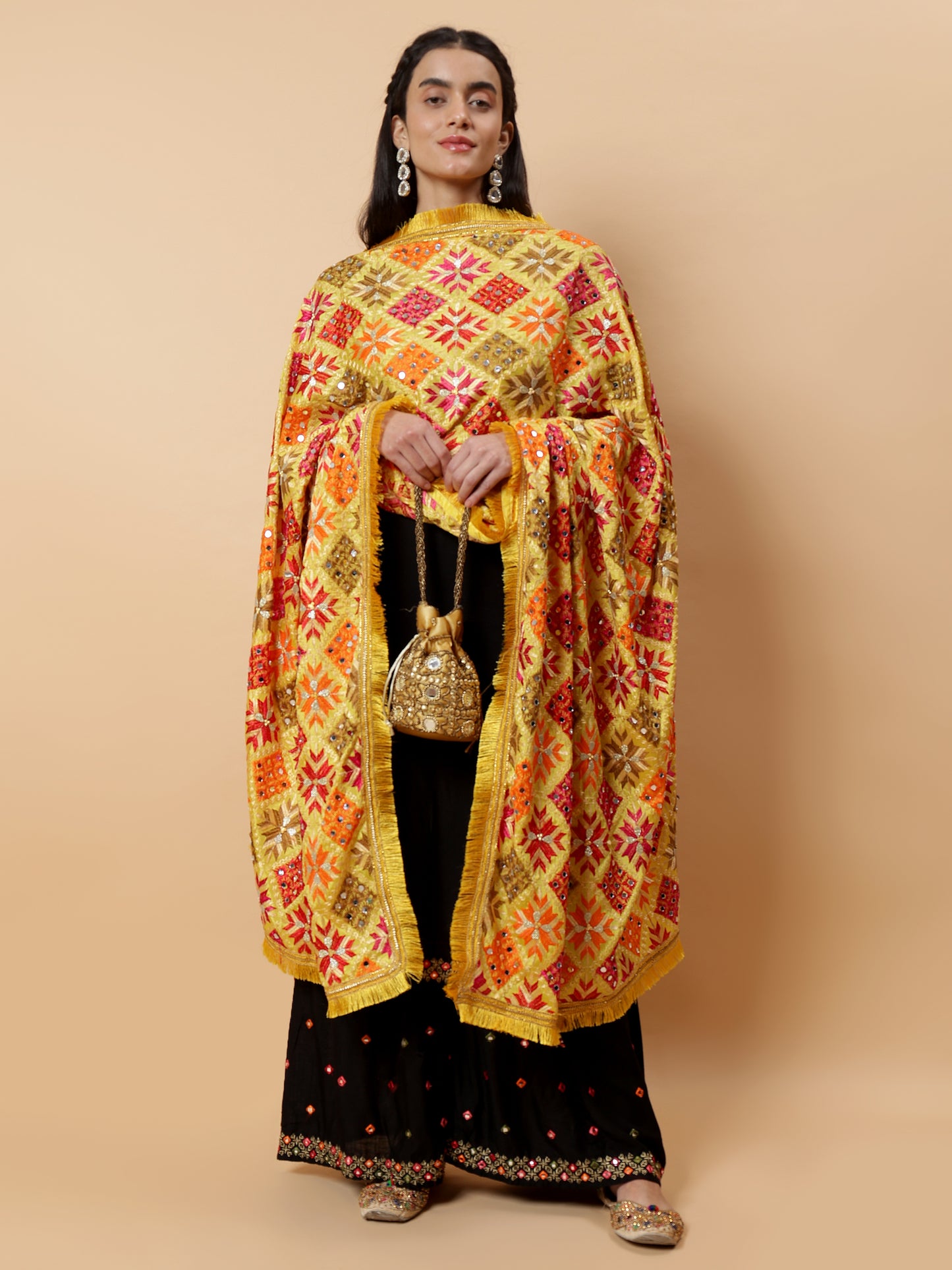 Yellow Geometric Design Phulkari Dupatta with Mirror Work | MCMMPD0319