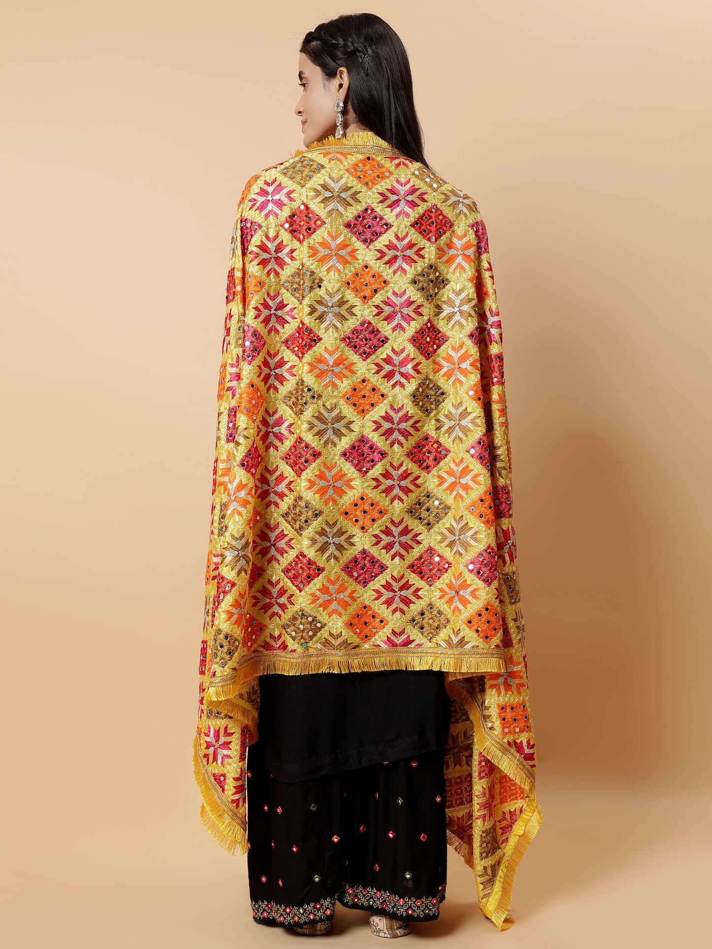 Yellow Geometric Design Phulkari Dupatta with Mirror Work | MCMMPD0319