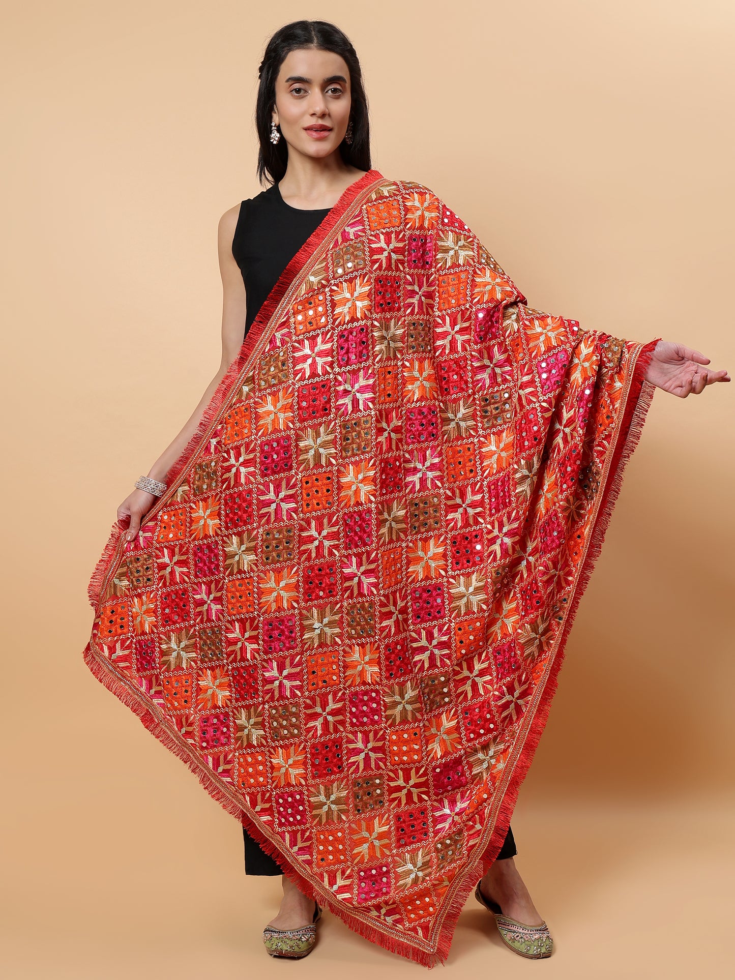 Red Geometric Design Phulkari Dupatta with Mirror Work | MCMMPD0313