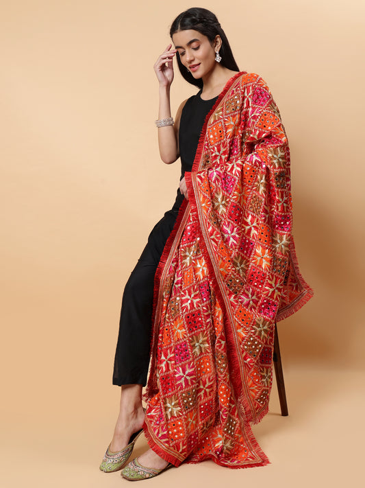 Red Geometric Design Phulkari Dupatta with Mirror Work | MCMMPD0313