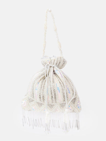White and Silver Embellished Potli bag