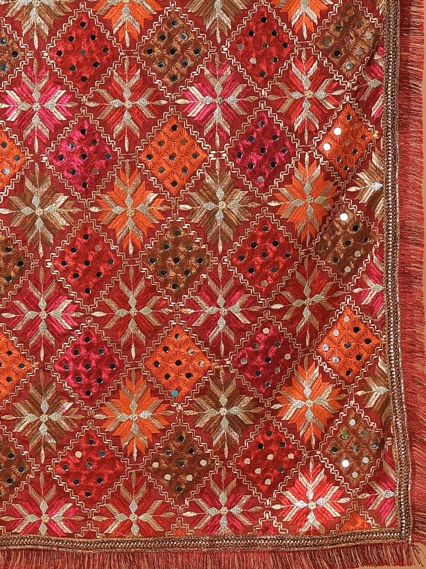 Red Geometric Design Phulkari Dupatta with Mirror Work | MCMMPD0313