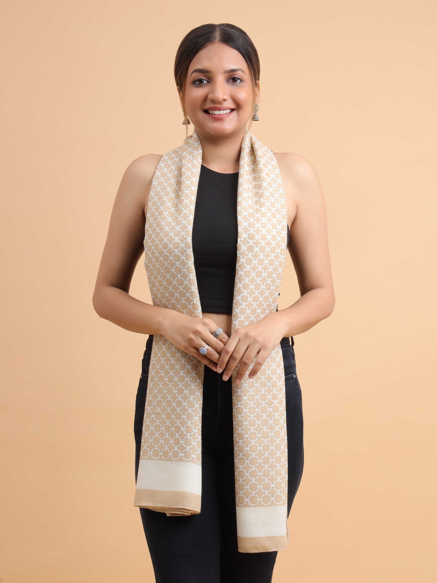 Beige Lattice Geometric 100% Viscose Scarf