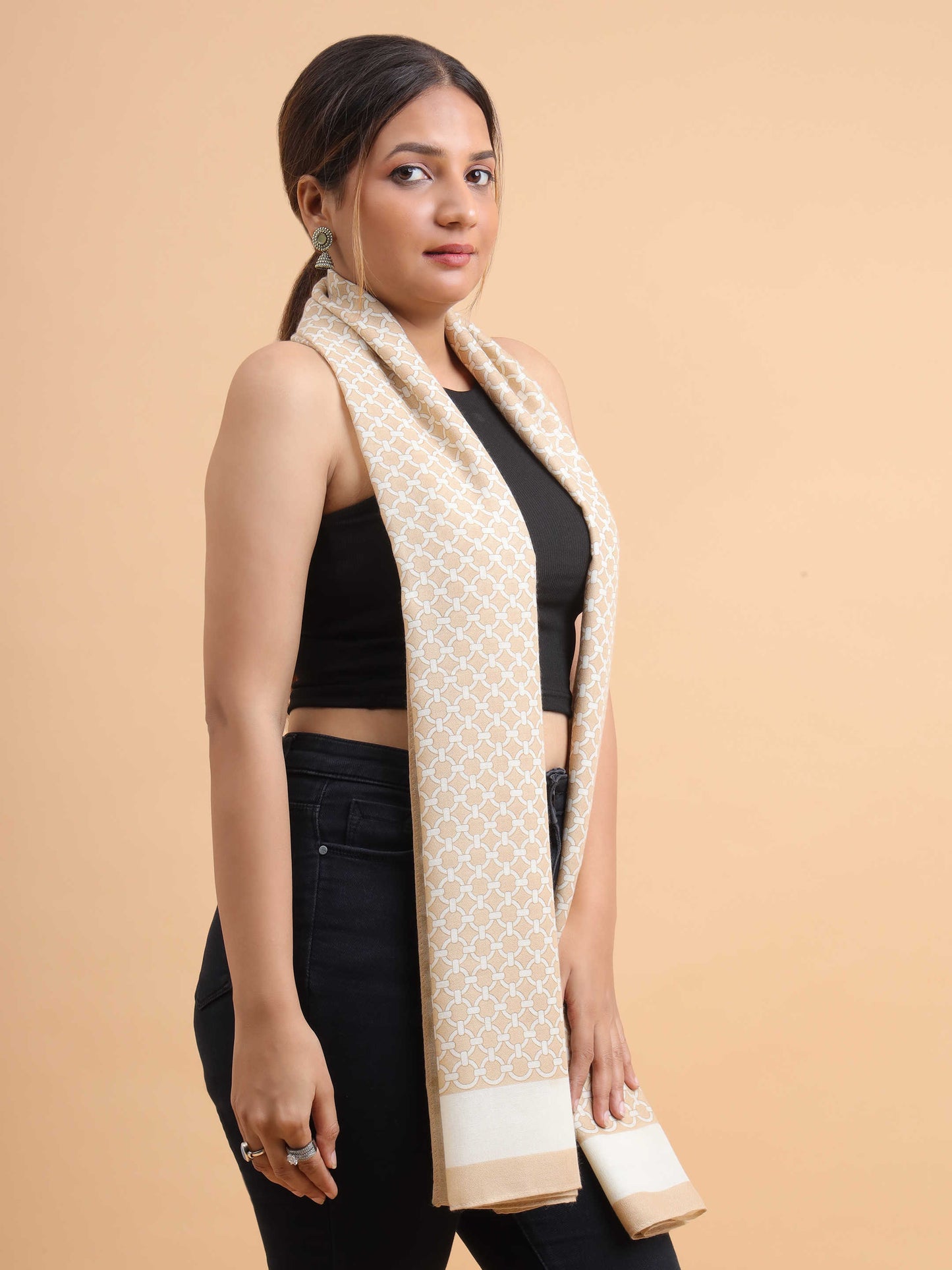 Beige Lattice Geometric 100% Viscose Scarf