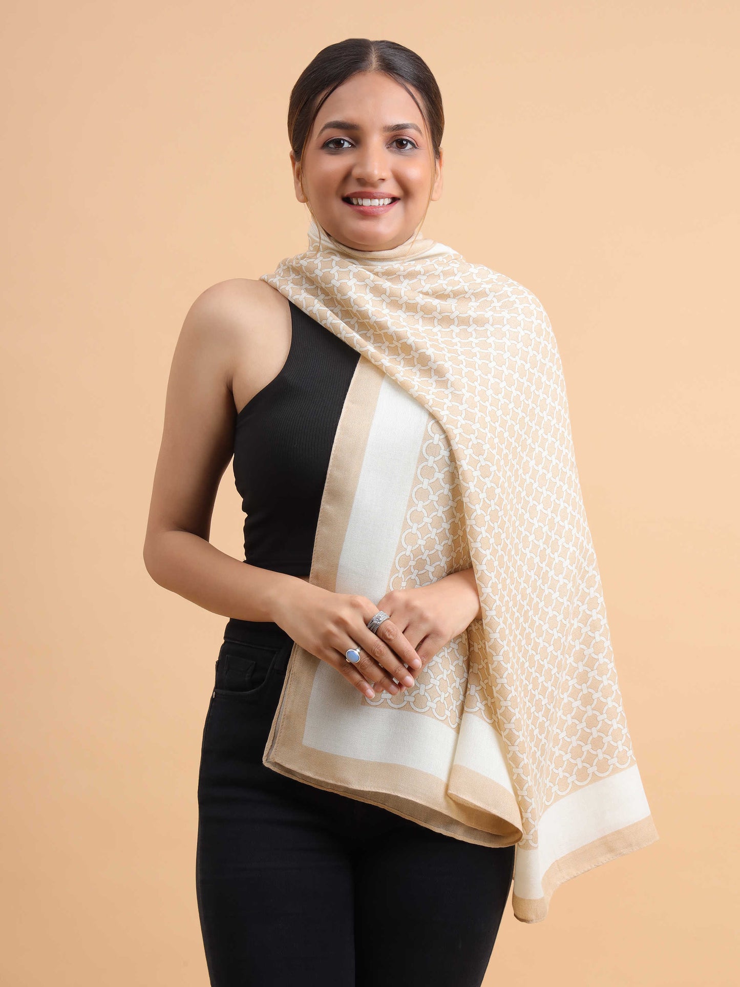 Beige Lattice Geometric 100% Viscose Scarf