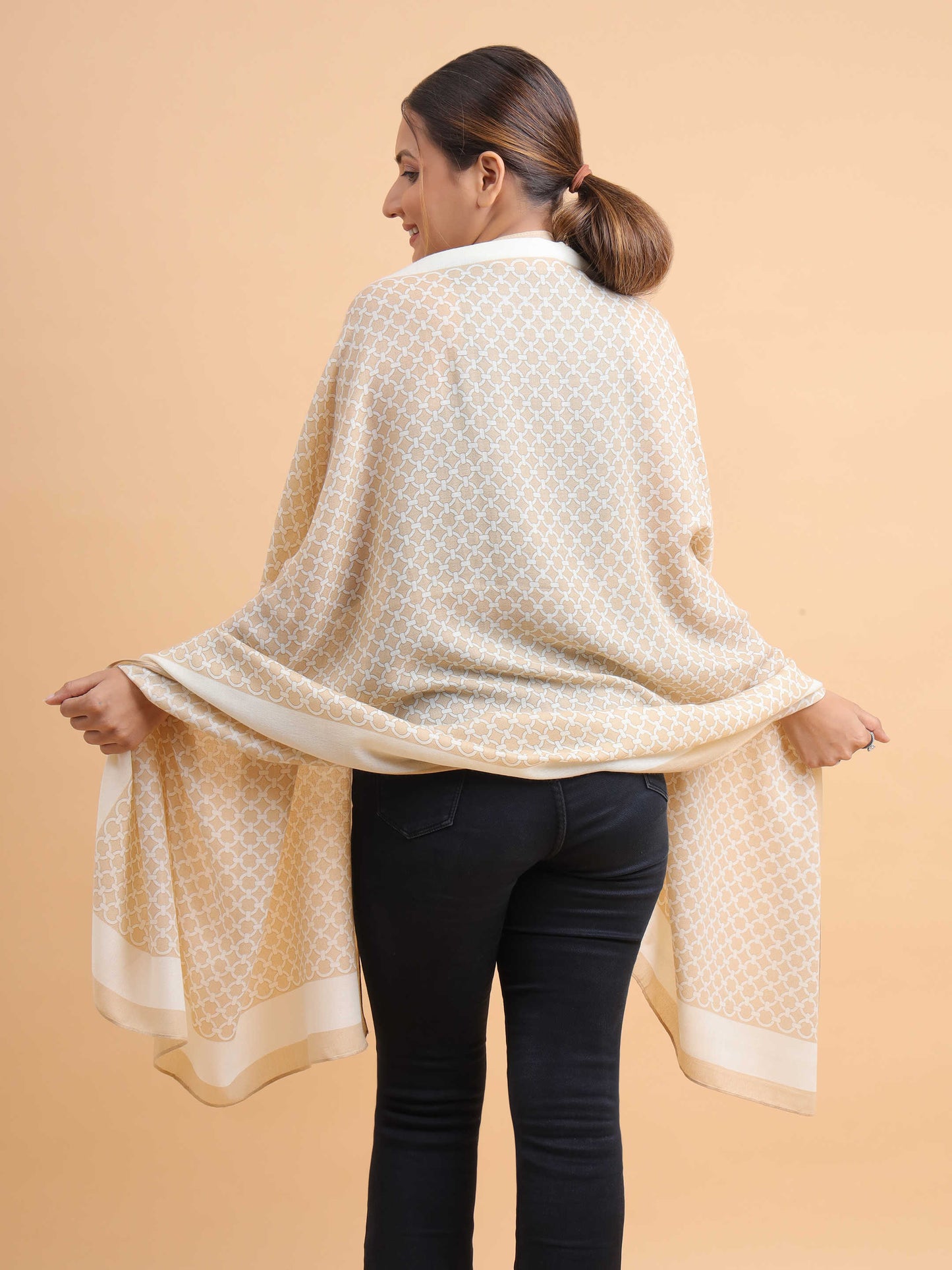 Beige Lattice Geometric 100% Viscose Scarf