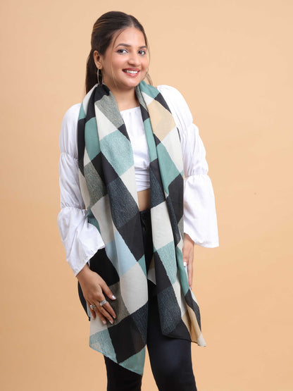 Black Teal Checkered 100% Viscose Scarf