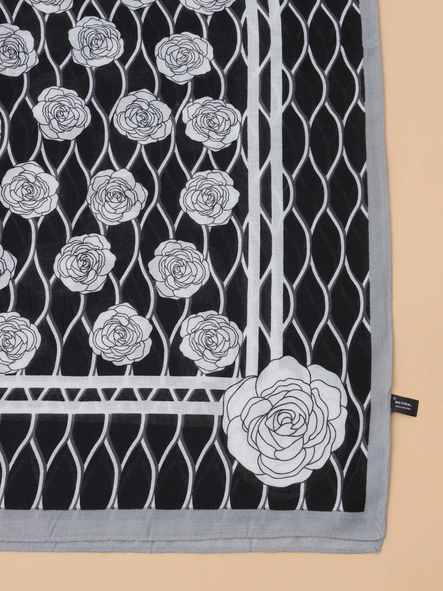 Black & White Floral Lattice 100% Viscose Scarf