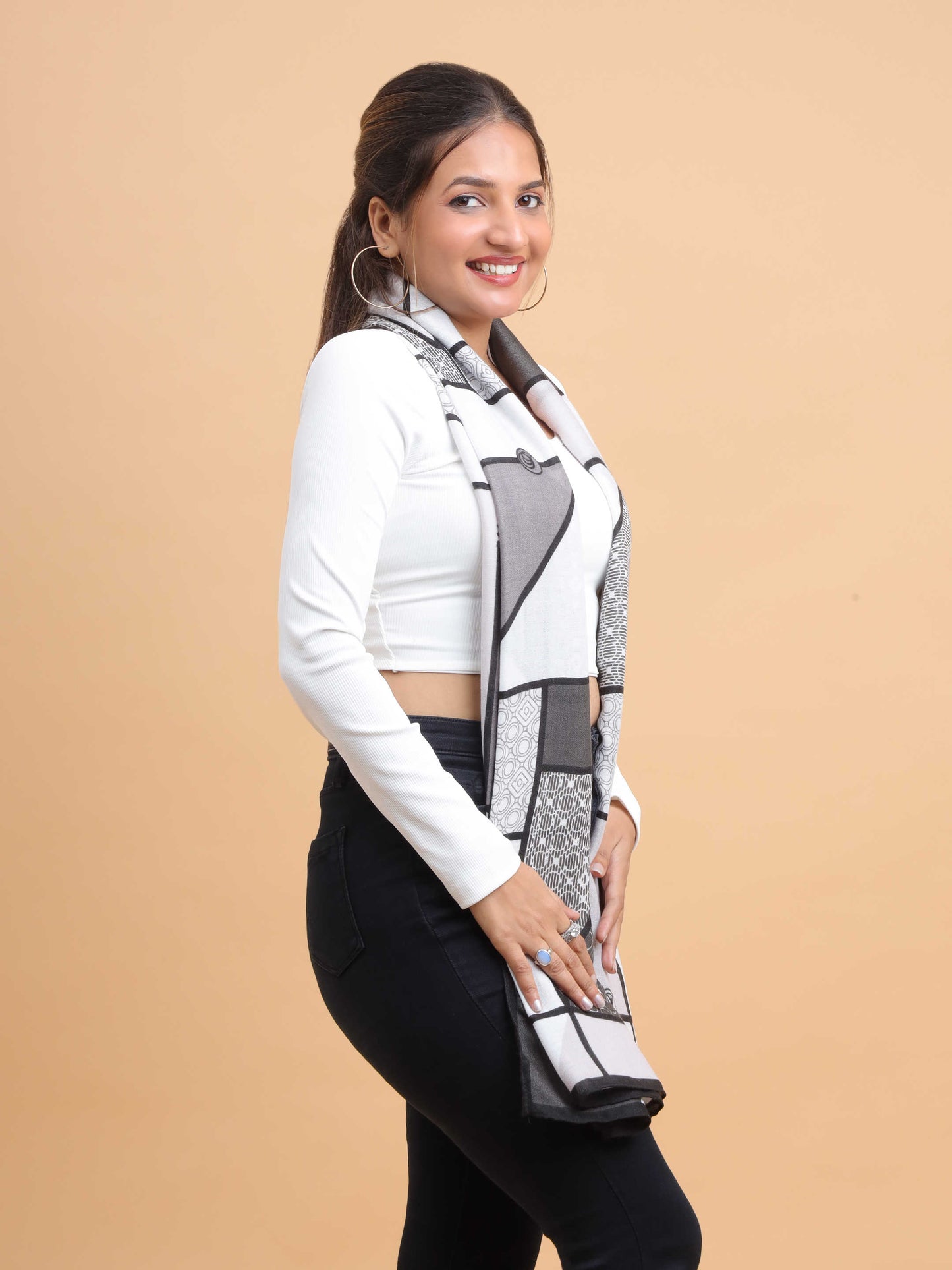 Black & Grey Abstract Geometric 100% Viscose Scarf
